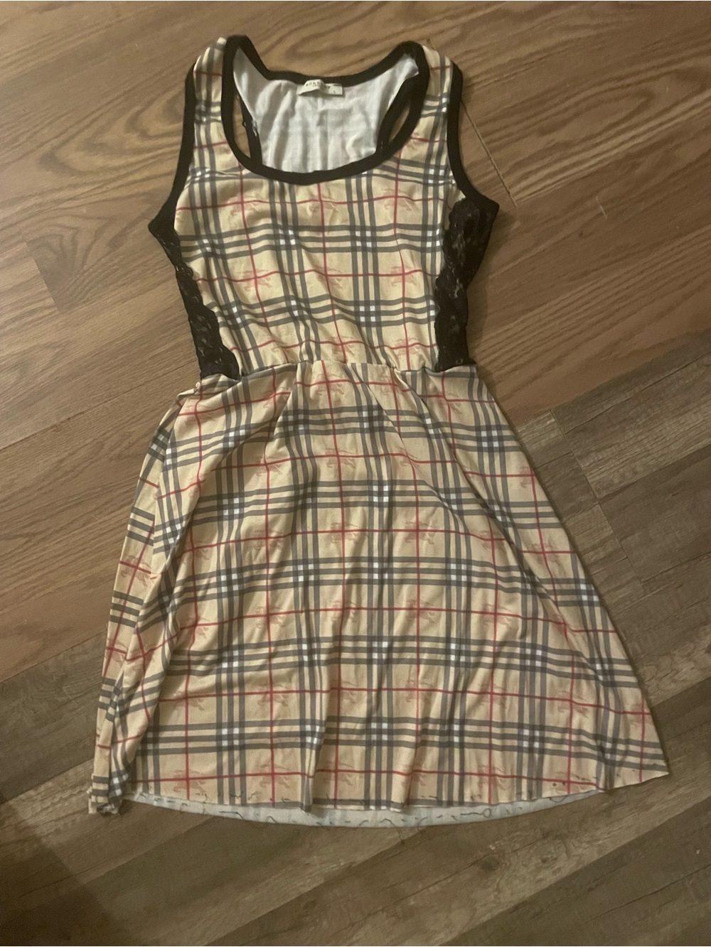 Burberry Beige Plaid Sleeveless Dress with Black Lace Insets